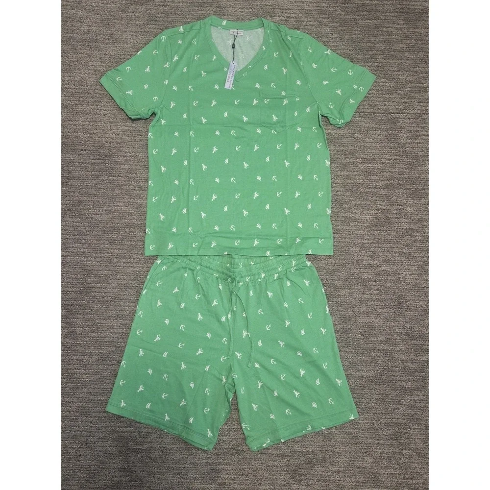 Cosabella Mens Road Trip Lounge Set Green Nautical Anchor Lobster Print Large